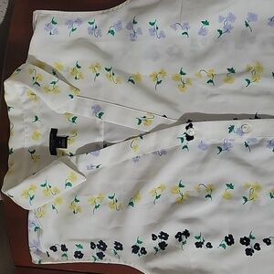 Ann Taylor White Blouse with Yellow and Green Floral Design